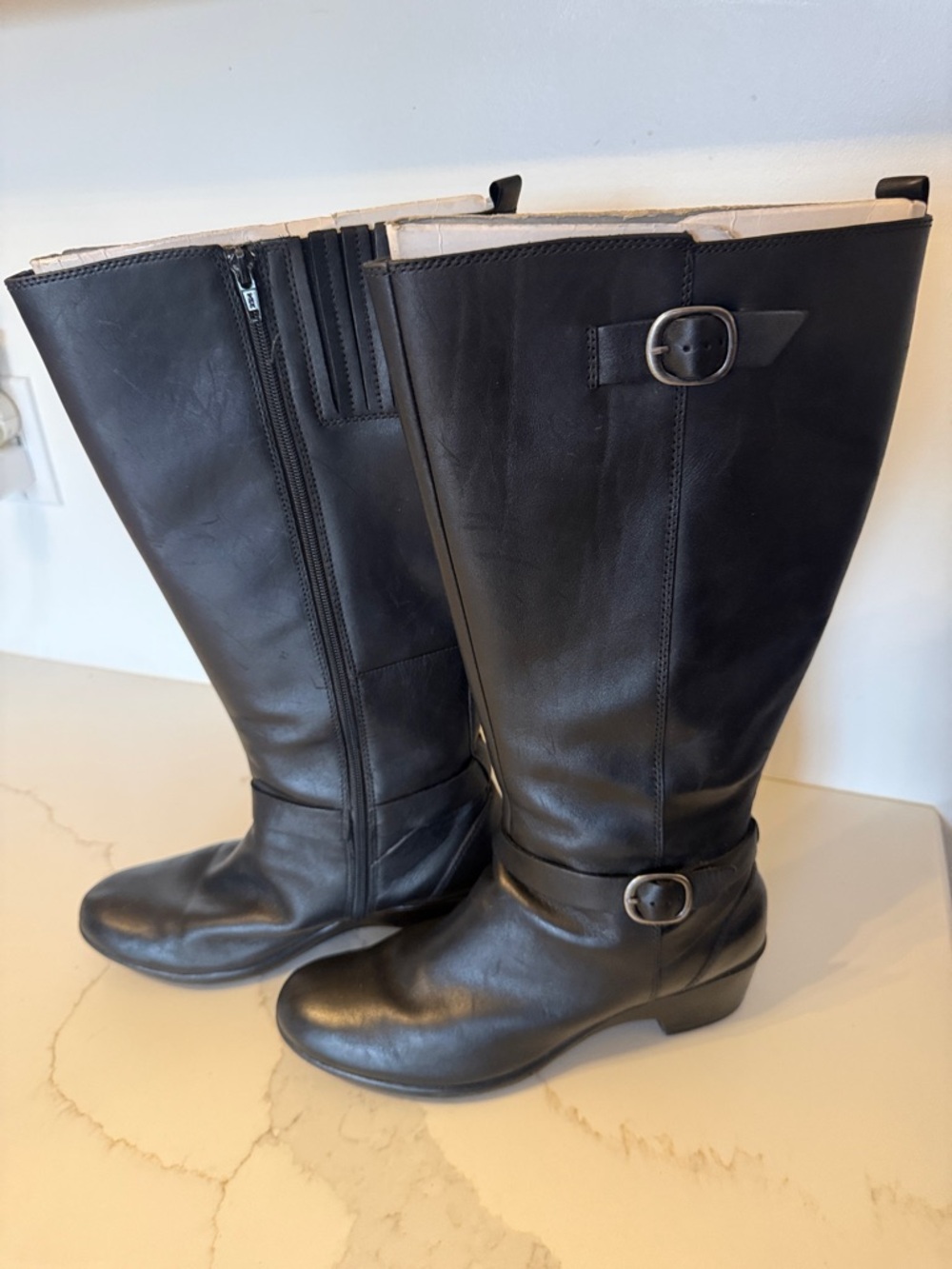 Clarks Black Leather Mid-Calf Wedge Boots with Buckles - Picture 4 of 6